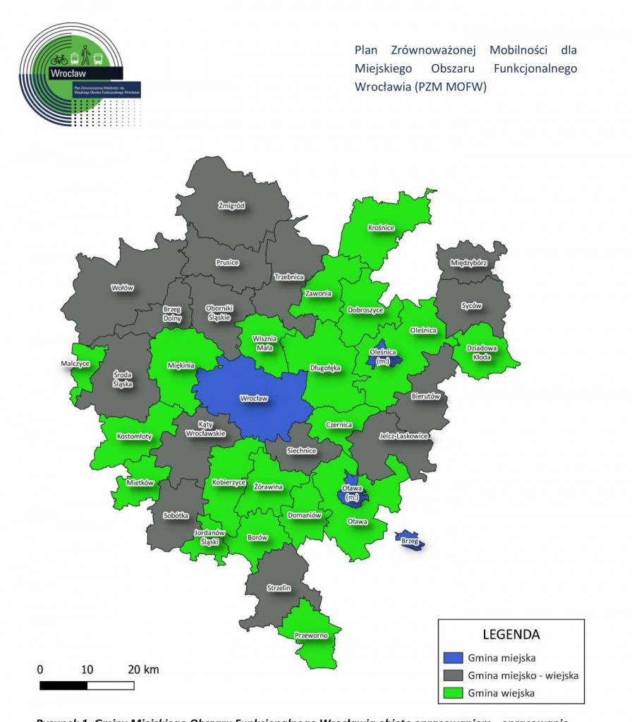 Miejski Obszar Funkcjonalny Wrocławia. Źródło: Plan Zrównoważonej Mobilności dla Miejskiego Obszaru Funkcjonalnego Wrocławia