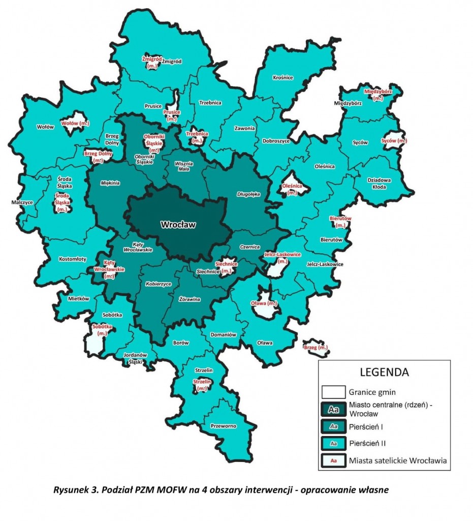 Miejski Obszar Funkcjonalny Wrocławia – podział na strefy. Źródło: Plan Zrównoważonej Mobilności dla Miejskiego Obszaru Funkcjonalnego Wrocławia